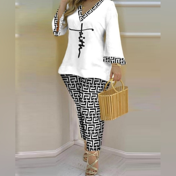 Pants - Plus size Faith geometric print top and pants